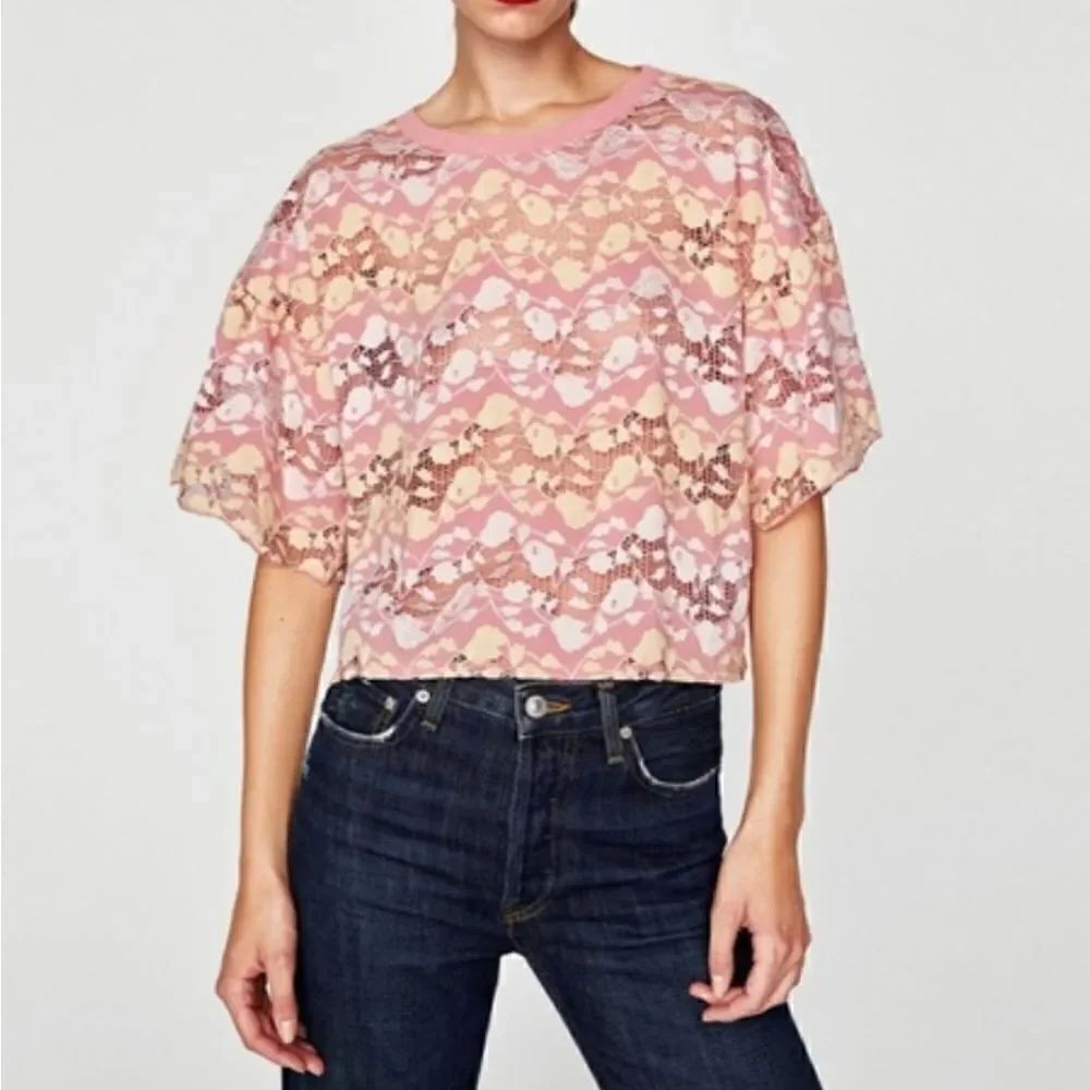 Zara Pink White Yellow Crop Top Sheer Lace Size Medium